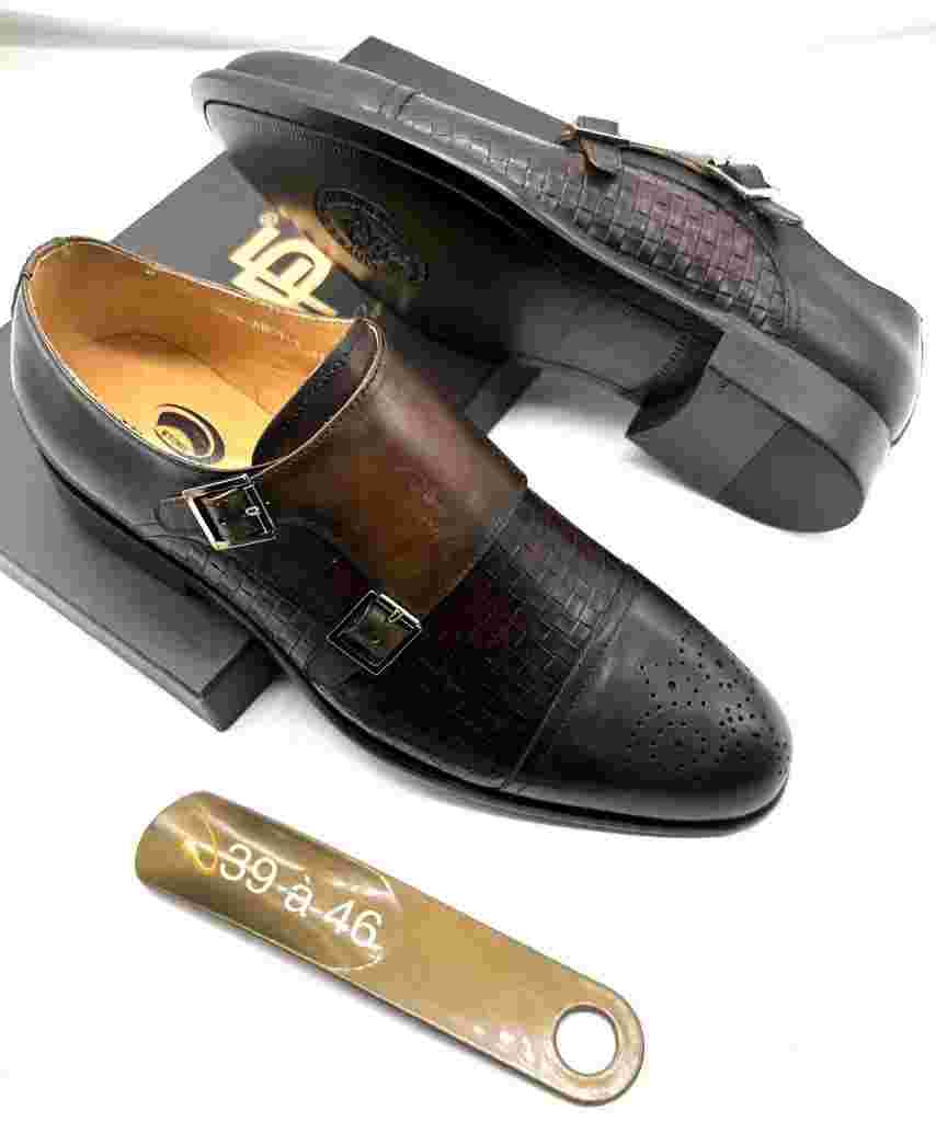 Chaussures de ville - cuir perforée - noir marron - Double boucle