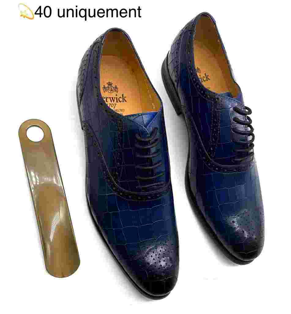 Derbies Pour Hommes En Cuir De Crocodile Bleu Véritable – Faits Main En Pologne, Style élégant Et Vintage